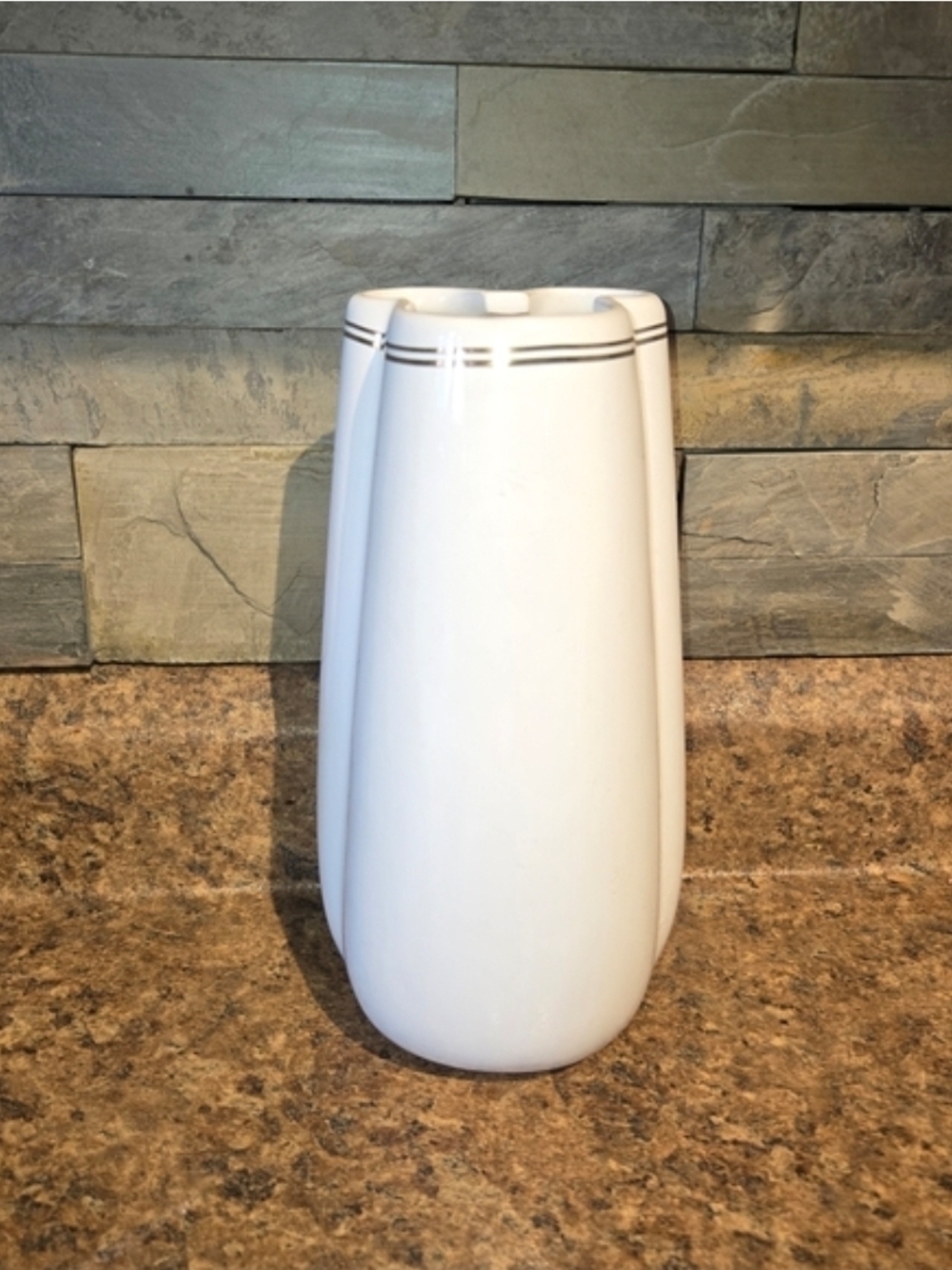 Disney Parks White Ceramic Vase with Silver Accent Lines Mickey Head Shaped